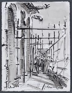 203058 Afbeelding van bouwvakkers op de steigers van de Domtoren te Utrecht, ter hoogte van ca. 70 meter.